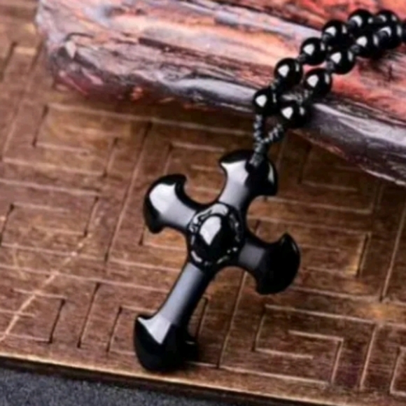 Natural crystal black obsidian cross necklace Amulet pendant with chain - Picture 3 of 10